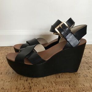 Michael Kors Black Wood and Leather Wedge Sandal Heels Size 8.5